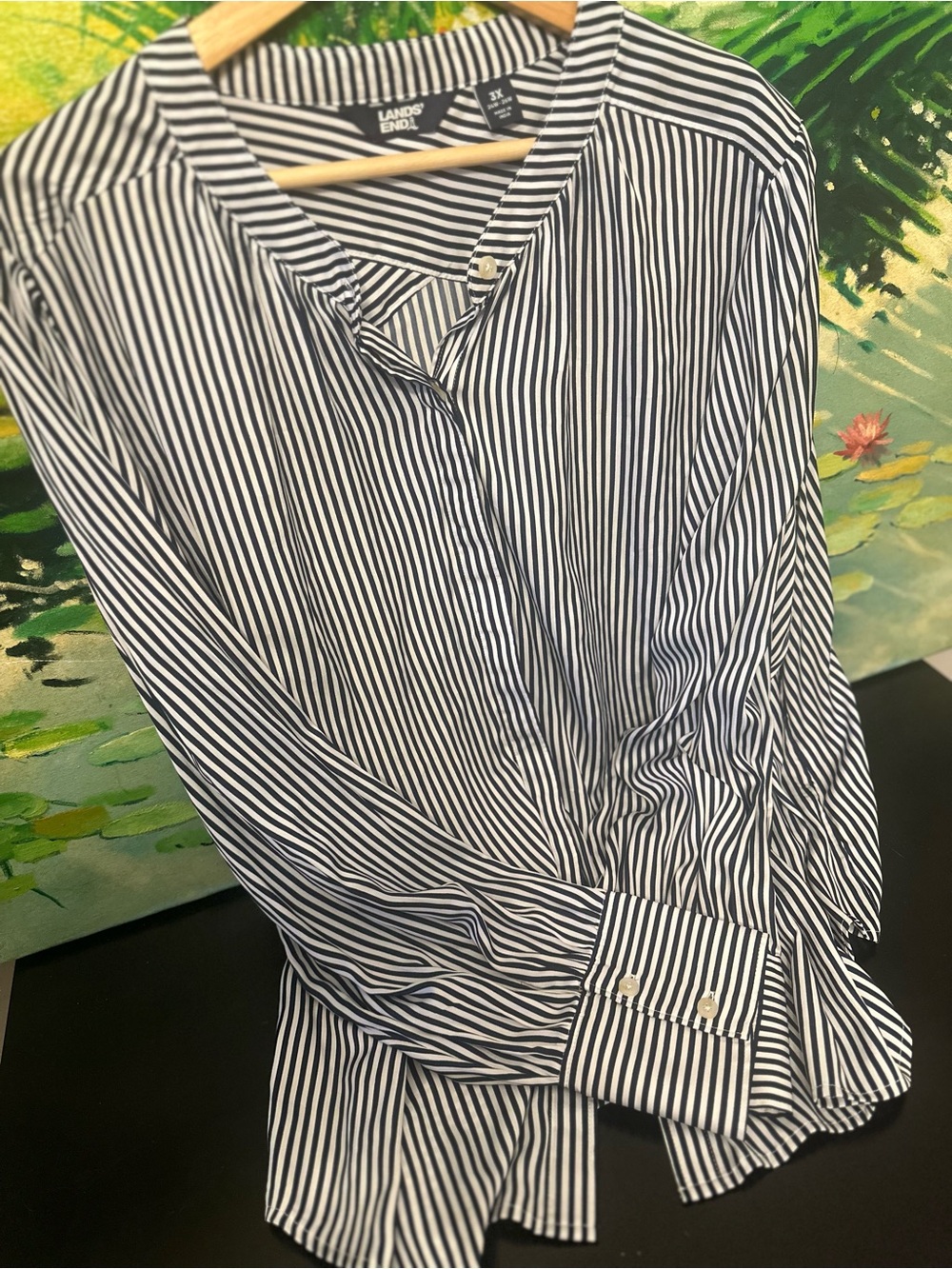 Lands’ End 3X Navy White Stripe Button Down Blouse
